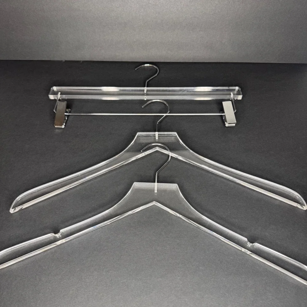 Set of 3 Clear Acrylic Hangers Chrome Hook Heavy Duty Lucite Style